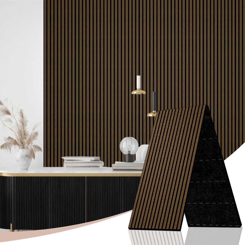 AKK-Stave Acoustic Wood Slat Wall Panels, Foldable Panels 94.5" X 23.6 "X 0.7" 15.5 ft² 3D Fluted Sound Absorbing Panel, for Interior Decoration (Smoked Oak 5#)