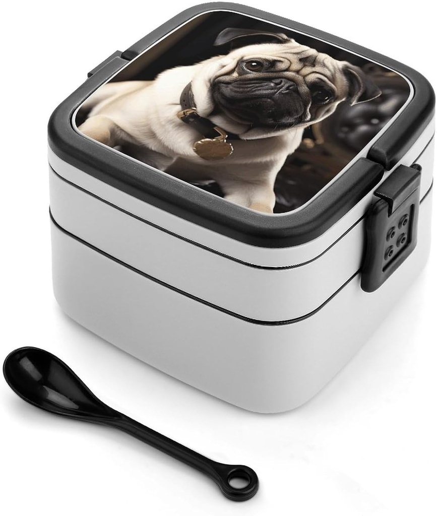 Cool Pug Dog Bento Box - Double Layer, Leakproof Food Containers with Partition & Spoon, Stackable Lunch Box for Office, Travel, Camping