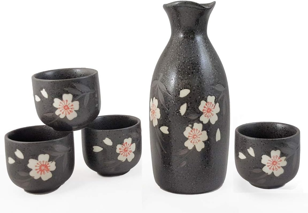 Happy Sales HSSS-WPB20, Black Porcelain Sake set Pink Blossom Design