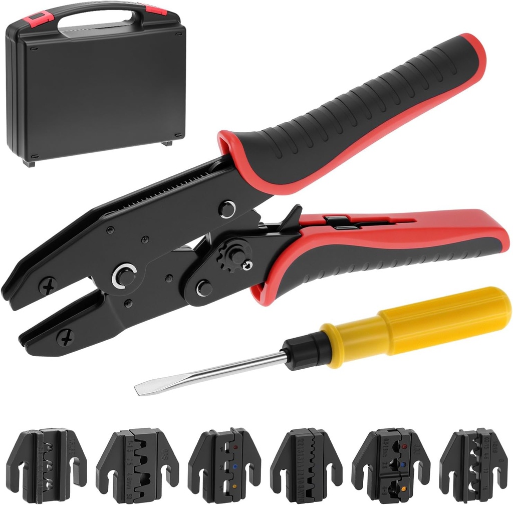 QWORK Crimping Tool Ratcheting Wire Crimper Set, with 6 AWG-Marked Crimp Dies Supports Heat Shrink Connectors, Solar Connectors