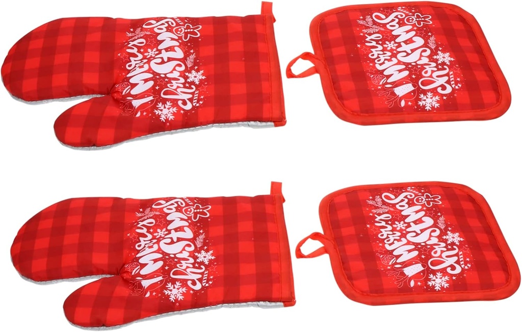 2sets Christmas Microwave Oven Gloves and Pot Holders Heat Resistant Baking Mitts Printed Mats for Safe Cooking Festive Red Plaid Design for Kitchen Use