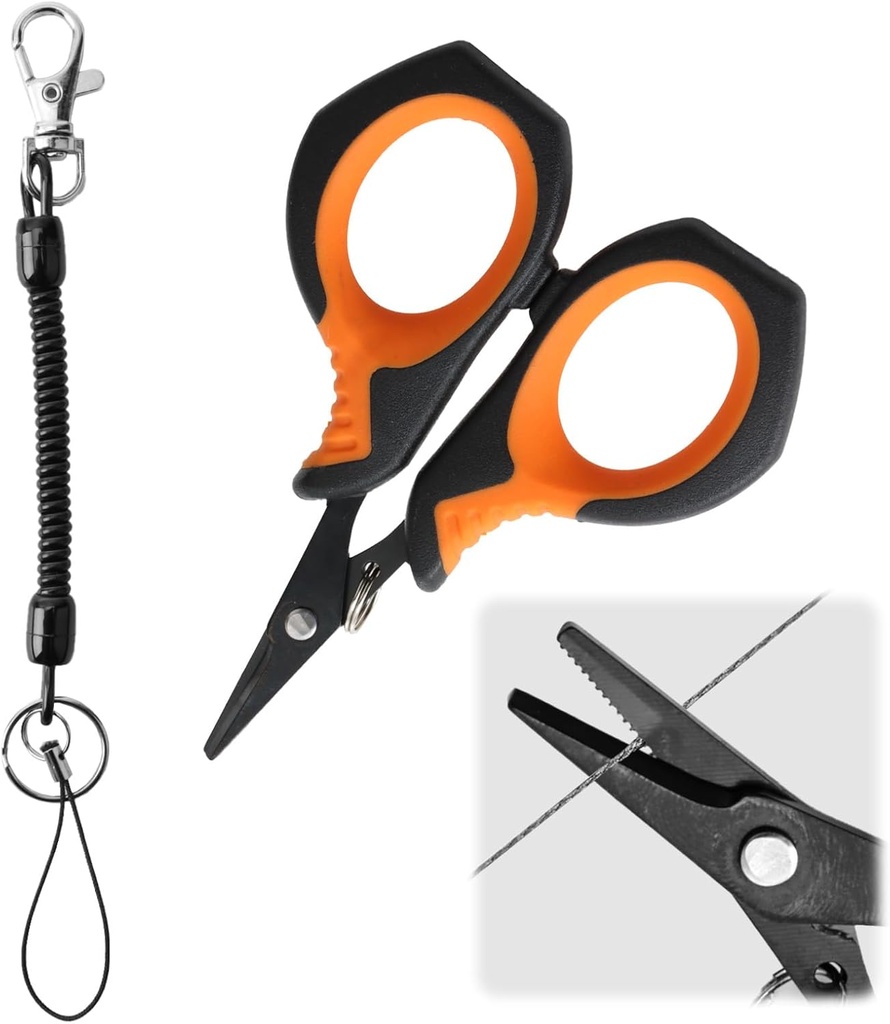 Fishing Scissors for Braided Line, Stainless Steel Line Cutter Shears with Serrated Ergonomic Handle, Lightweight 26g, Includes Safety Wrist Lanyard, Ideal for Fishing Tools