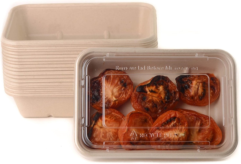 EcoQuality 34oz Compostable Eco Friendly Container Trays with Clear Lids [50 PACK] - Rectangular Oblong Tree Free Sugarcane Bagasse Meal Prep Bento Boxes Take Out Catering Microwave Deep Container