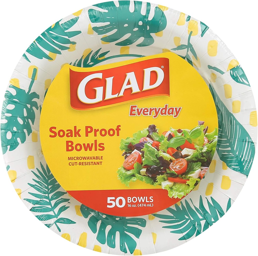 Glad Round Disposable Paper Bowls, Palm Leaves Design - Heavy Duty, Soak Proof, Cut-Resistant, Microwavable Bowl for All Foods & Daily Use, 16 Oz, 50 Count