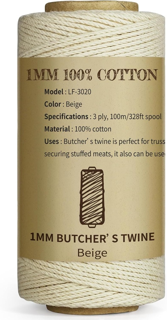 TJ.MOREE Butchers Twine, 3Ply 145m/476 1mmThick Feet String Food Oven Safe Cotton Cooking Meat Rope Bakers Twine Fit to Parcel Sausage and Decorate Crafts (Beige)