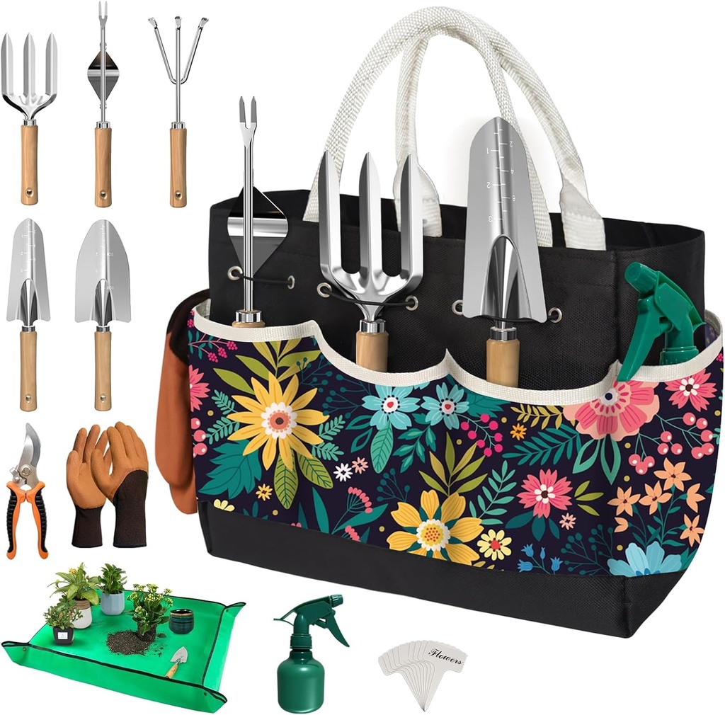 22Pcs Gardening Tools Set for Women Heavy Duty Garden Hand Tool Kit Gardener Gifts for Beginner Gardening Accessories with Tote Bag/Shovel/Repotting Mat/Plant Labels/Gloves-Black