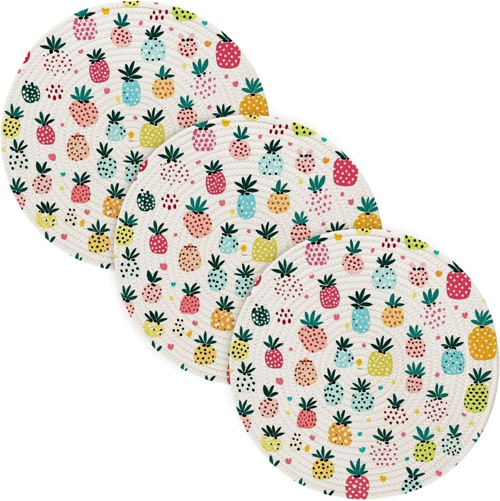 3 Pcs Trivet Tripod for Hot Dishes 15in Cotton Thread Weave Heat Resistant Pad for Crock Pot Spoon Rest for Cooking and Baking Colorful Multi-Pineapple Cartoon Style
