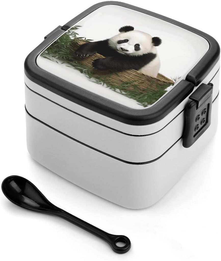 Panda Bento Box with Compartments Double Layer Bento Lunch Box with Spoon And Handle All-in-One Adult Lunchbox Leakproof Lunch Container for Work Picnic Travel