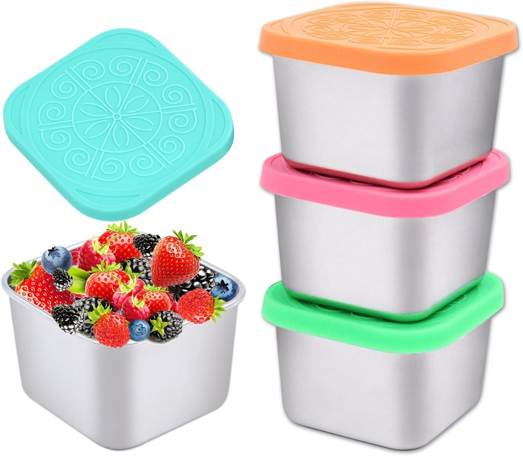 Small Stainless Steel Snack Containers 6oz, 4 Pack Metal Food Storage Containers with Silicone Lids, Lunch Box for Sauce, Nuts, Fruits
