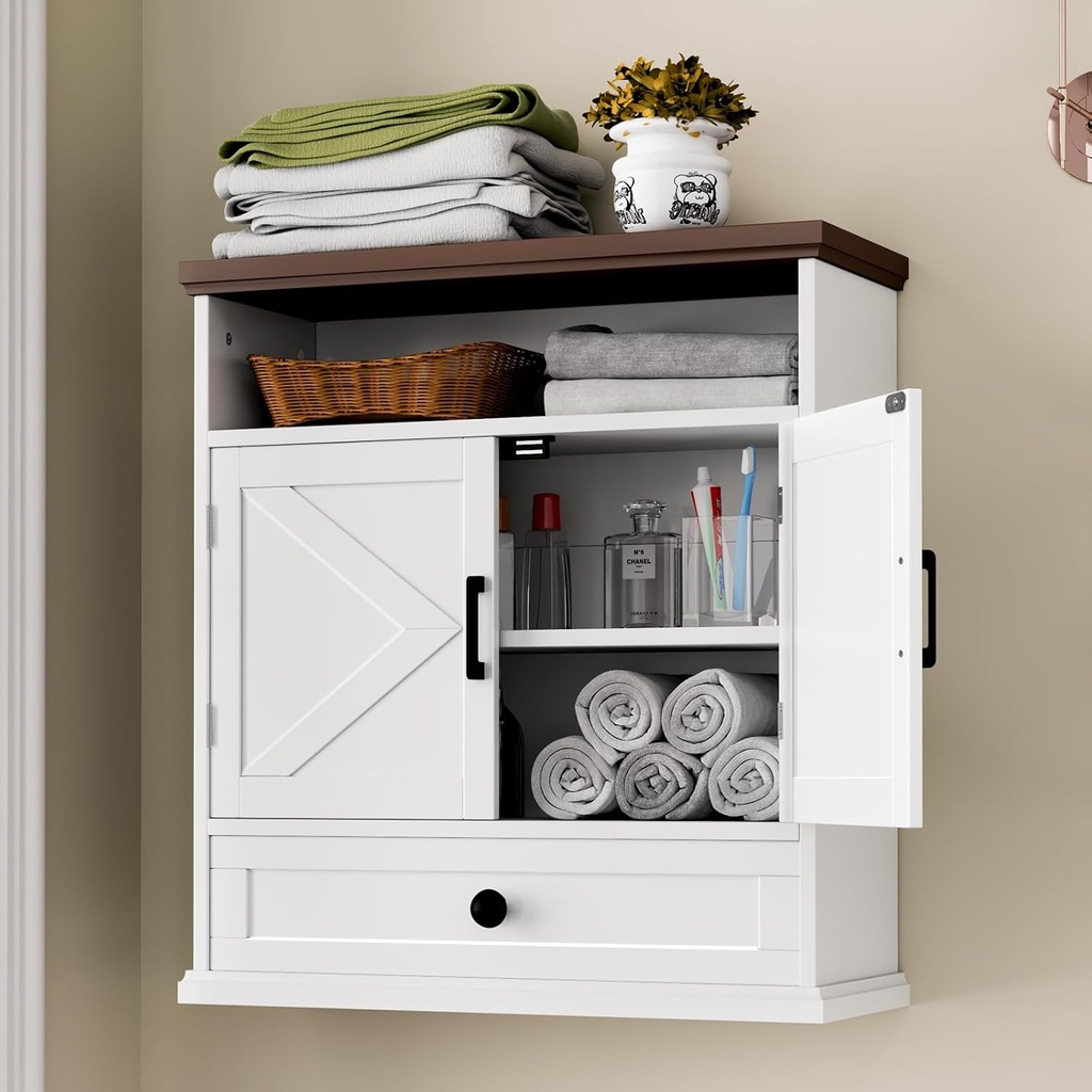 Bathroom Wall Cabinet, Farmhouse Wall Mounted Medicine Cabinet with Drawer, Barn Doors and Adjustable Shelf, 25"H x 23.6"W x 9"D White Over Toilet Storage Cabinet for Kitchen, Laundry Room, Entryway