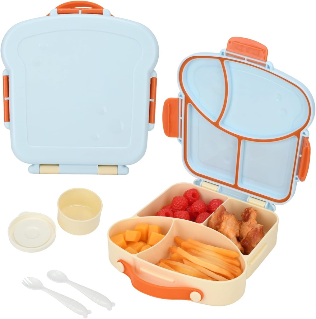 Bento Box for Kids School Lunch Box with Utensils and a Dipping Bowl, Leak-Proof 4 Compartments with Carrying Handle, BPA-Free Bento Box for Girls and Boys in School, Preschool, Daycare (Blue)
