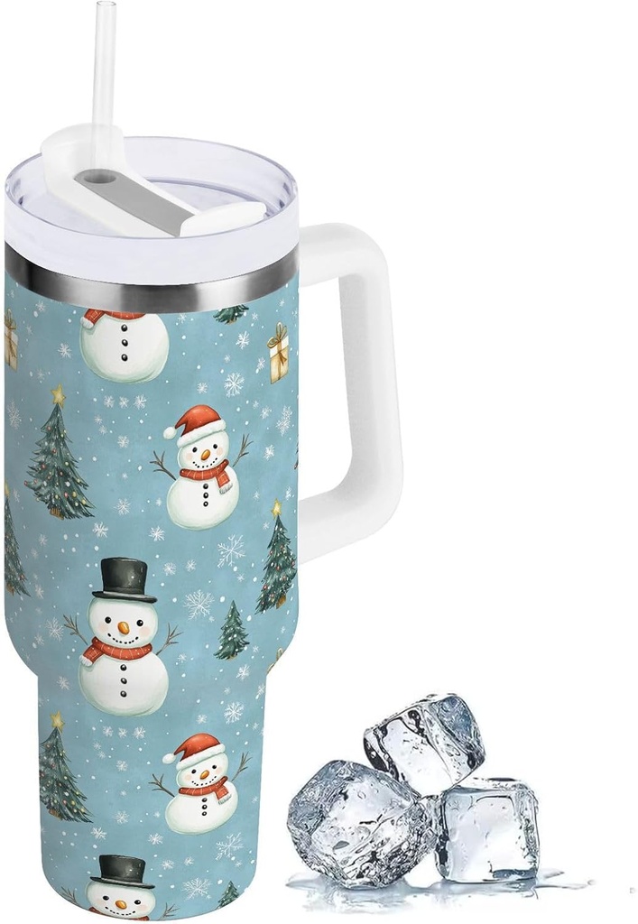Snow Winter Xmas Christmas Tumbler with Handle 40 oz Travel Mug with Lid and Straw Stainless Steel Vacuum Insulated Water Bottle Cup for Iced Tea Coffee Cold Beverages Cup Holder Friendly
