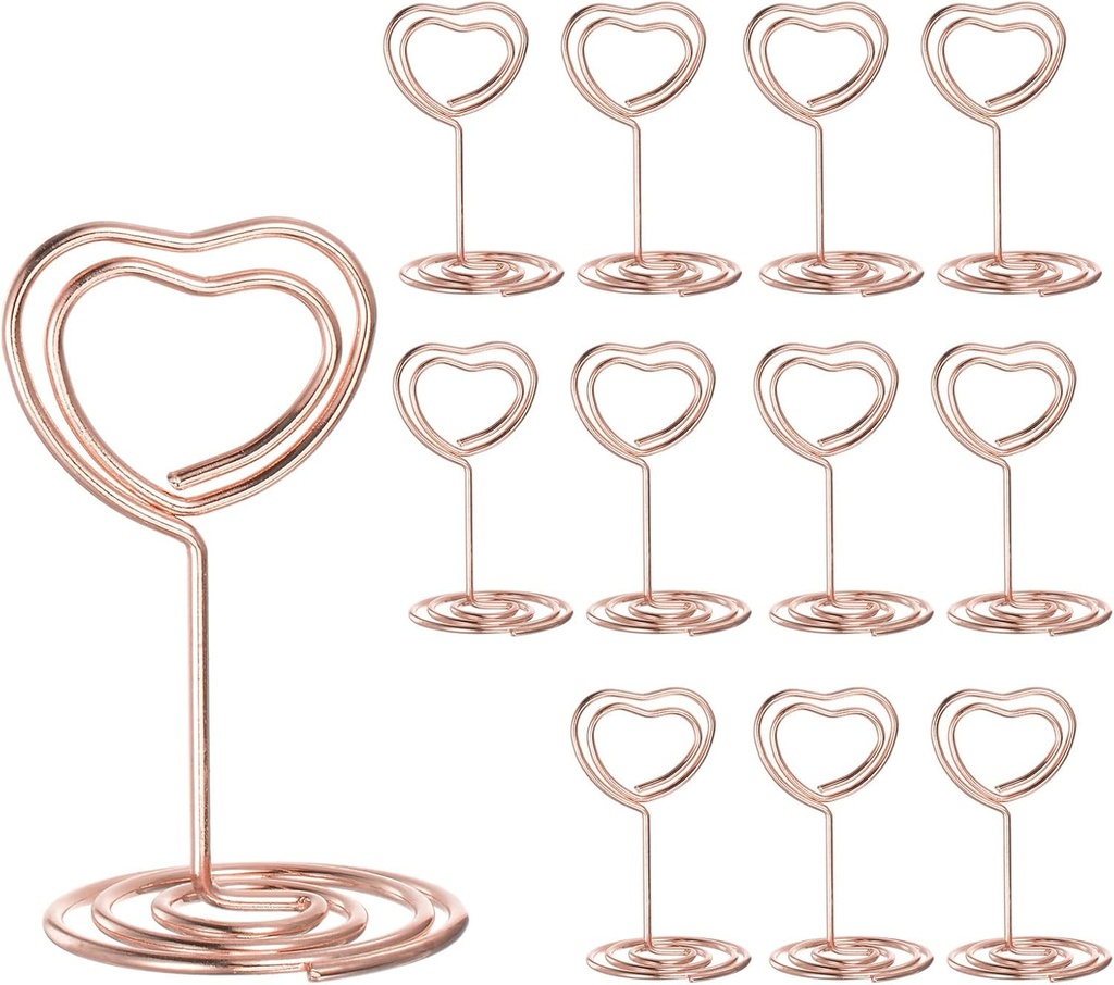 HARFINGTON 12pcs Table Number Holders 1.97 Inch 50mm Tall Mini Heart Shape Steel Photo Holders for Centerpieces Table Place Card Holders for Wedding Reception Party Office Home, Rose Gold