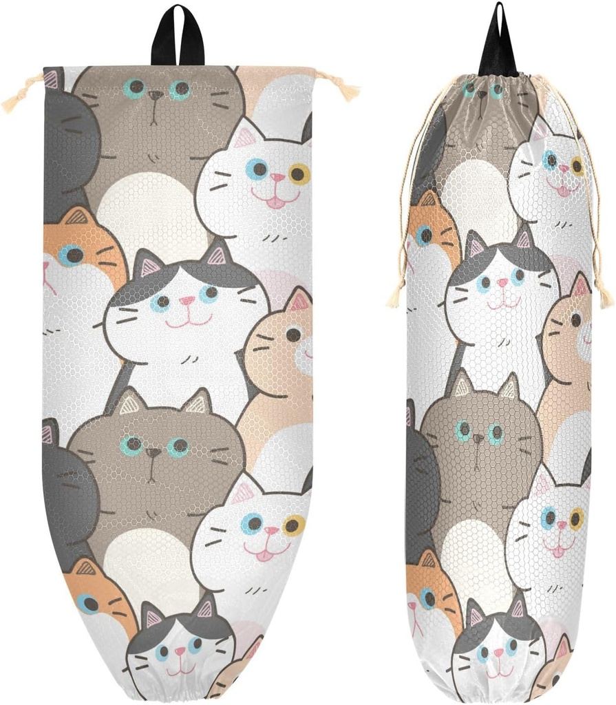 YETTASBIN Cute Cat Plastic Bag Holder, Reusable Grocery Bag Holder Versatile Wall Mount Storage Bag Dispenser with Drawstring for Home Kitchen Decor 2 Pack