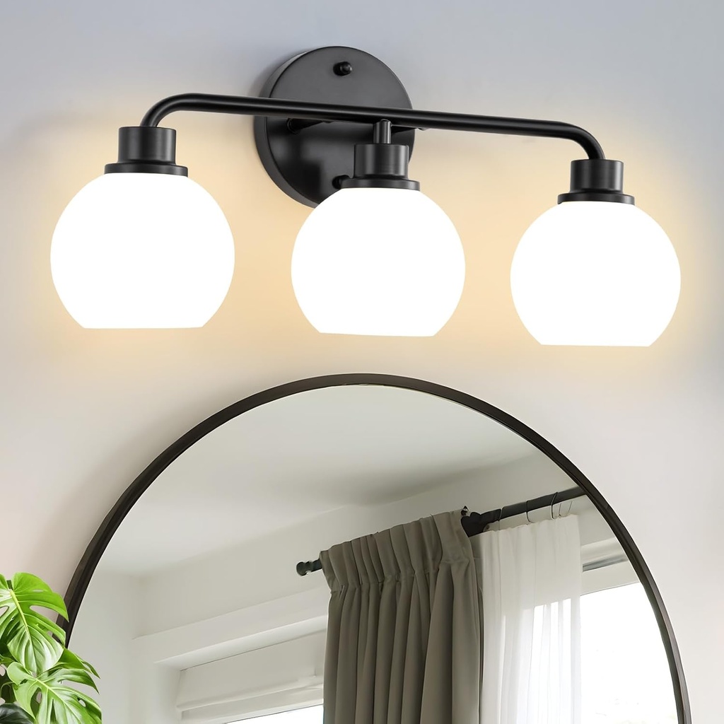 Bathroom Light Fixtures Black Vanity Light, 3 Light Wall Sconces Lighting Bathroom Lights with Milk Glass Shades, Bath Wall Lights Wall Lamp for Mirror, Kitchen, Living Room, Bedroom, Hallway