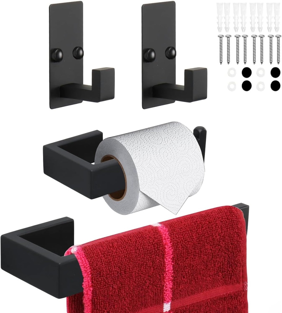 TocTen 4 Pcs Bathroom Hardware Set, Thicken Stainless Steel Hand Towel Bar Set-Includes 9 in Bath Towel Holder+Toilet Paper Holder+2 Robe Towel Hooks, Wall Mounted Bathroom Accessories Kit(Black)