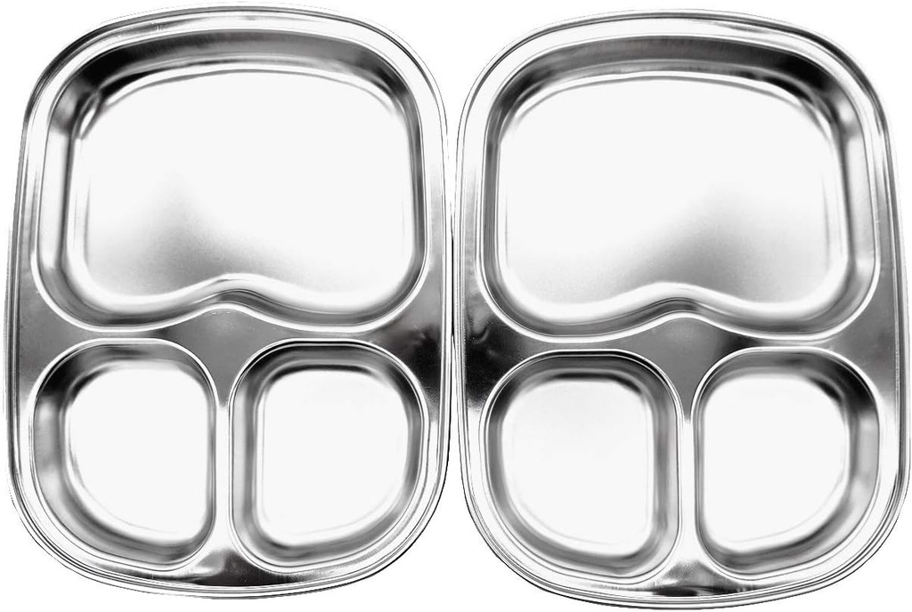 Korean Stainless Steel Divided Plates, Kids Toddlers Babies Tray, BPA Free, Diet Food Control, Camping Dishes, Compact Serving Platter, Dinner Snack, 3 Compartment Plate Silver, Set of 2