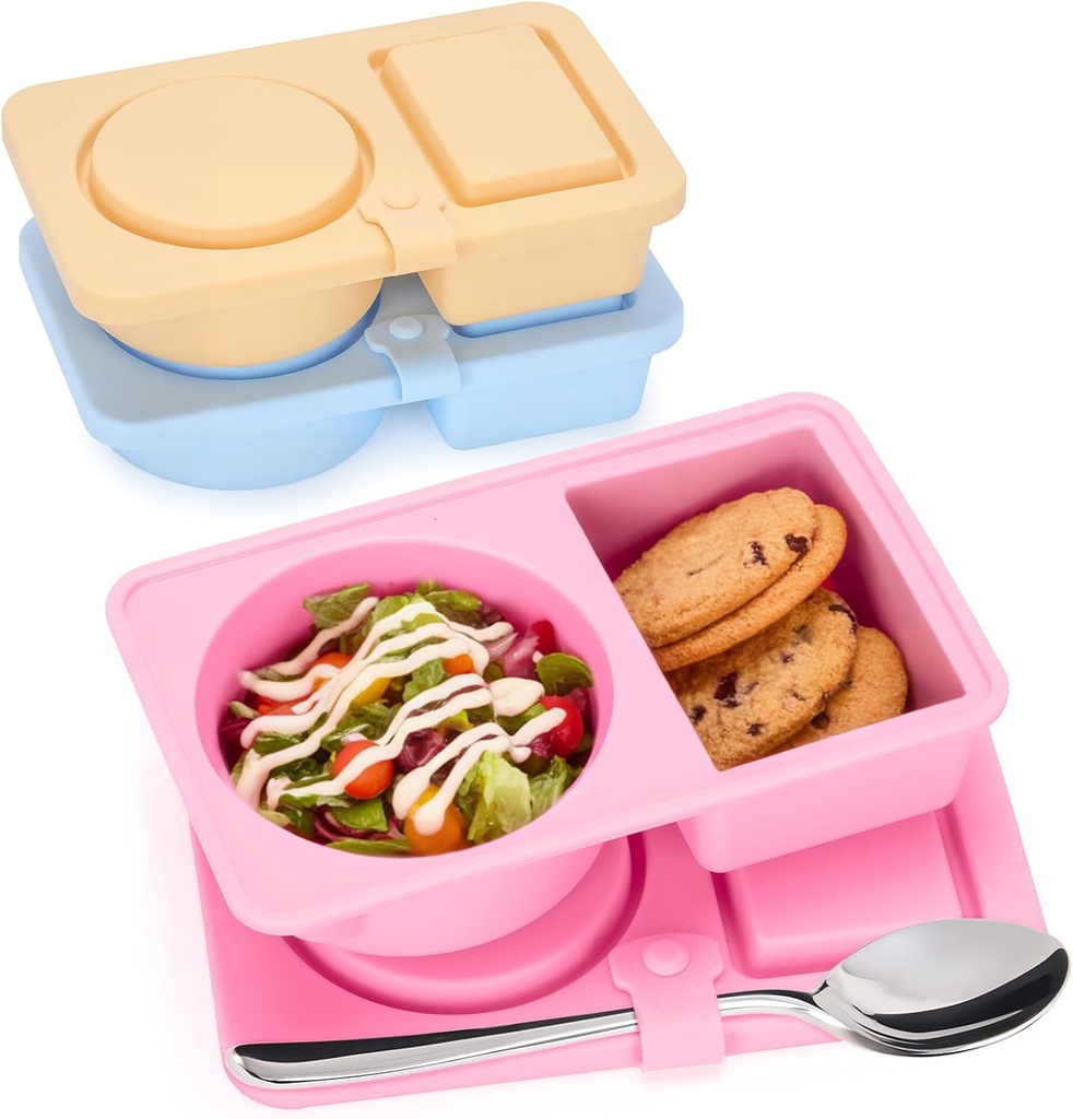 3 PCS Reusable Silicone Snack Containers with Lids Double Compartment Snack Box Container for Food Traval Teens Adults (Pink&Yellow&Blue, 3P)