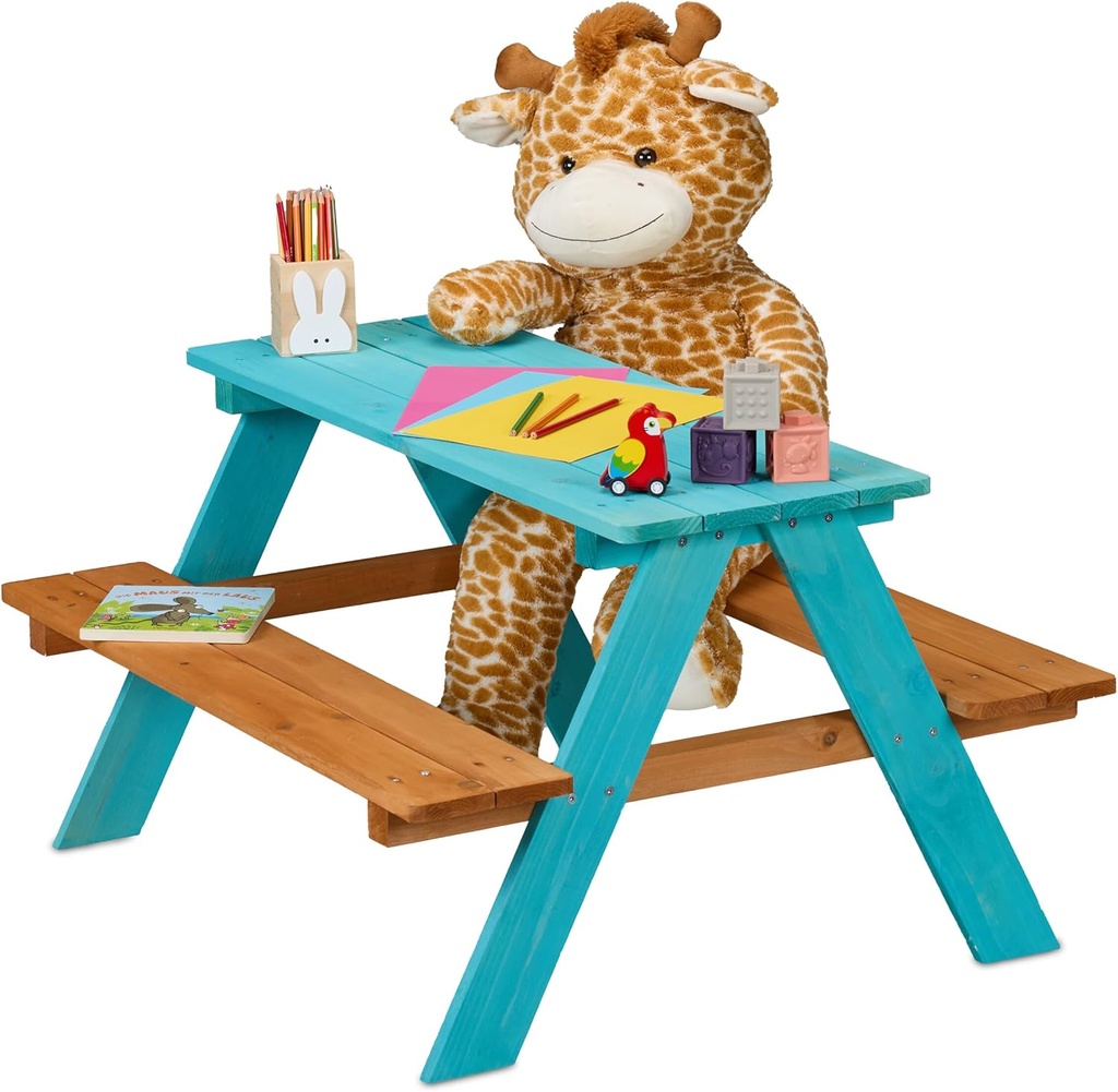 Relaxdays Children's Garden Picnic Bench Seat Set 51 x 90 x 78 cm Wooden Blue/Brown