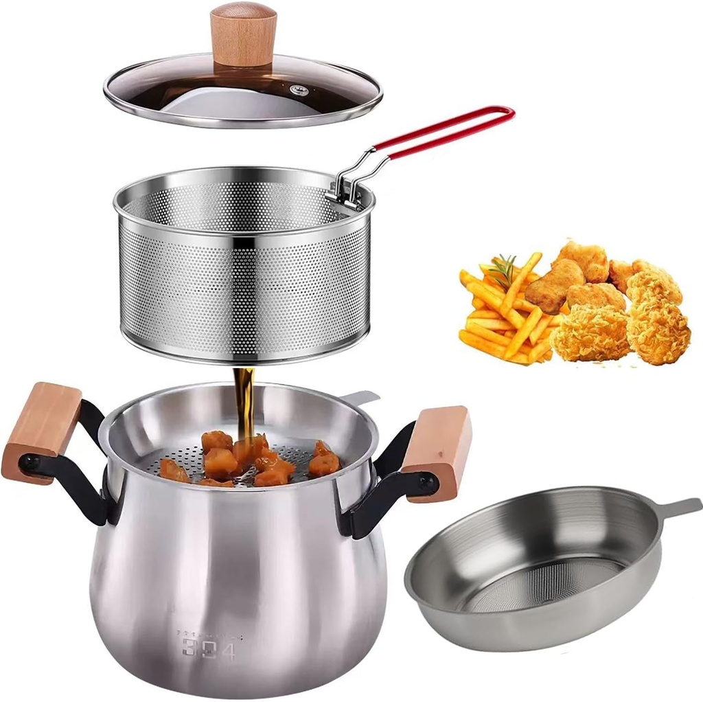 Small Stainless Steel Oil Filter Deep Fryer Pot, Bacon Grease Container with Strainer & Basket, Cooking Oil Container With Frying Basket, Small Capacity Oil Strainer Pot for Kitchen and Camping (2.5L)