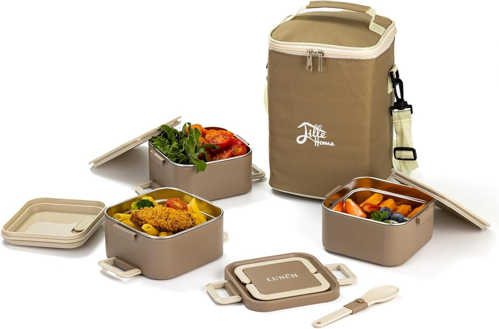 Lille Home Stackable Bento Box, 71oz Stackable Lunch Box, 3 Layers Portable Stainless Steel Leak-Proof Lunchbox, Lunchable Snack Box with 4 Compartment (Brown)