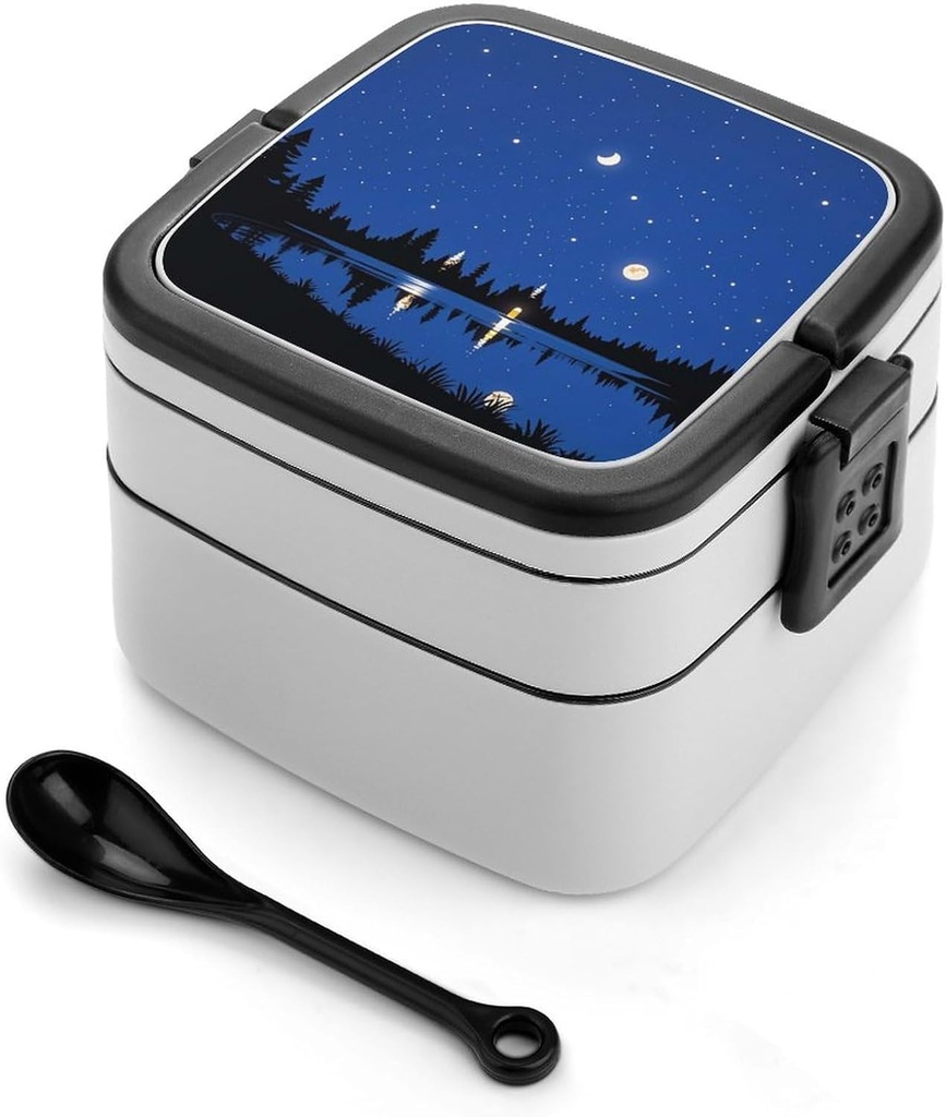 The Lake in The Night Sky Bento Box Leak-Proof Double Layered Lunch Containers with Spoons And Invisible Handle, Portable Lunch Boxes for Work Picnic Travel