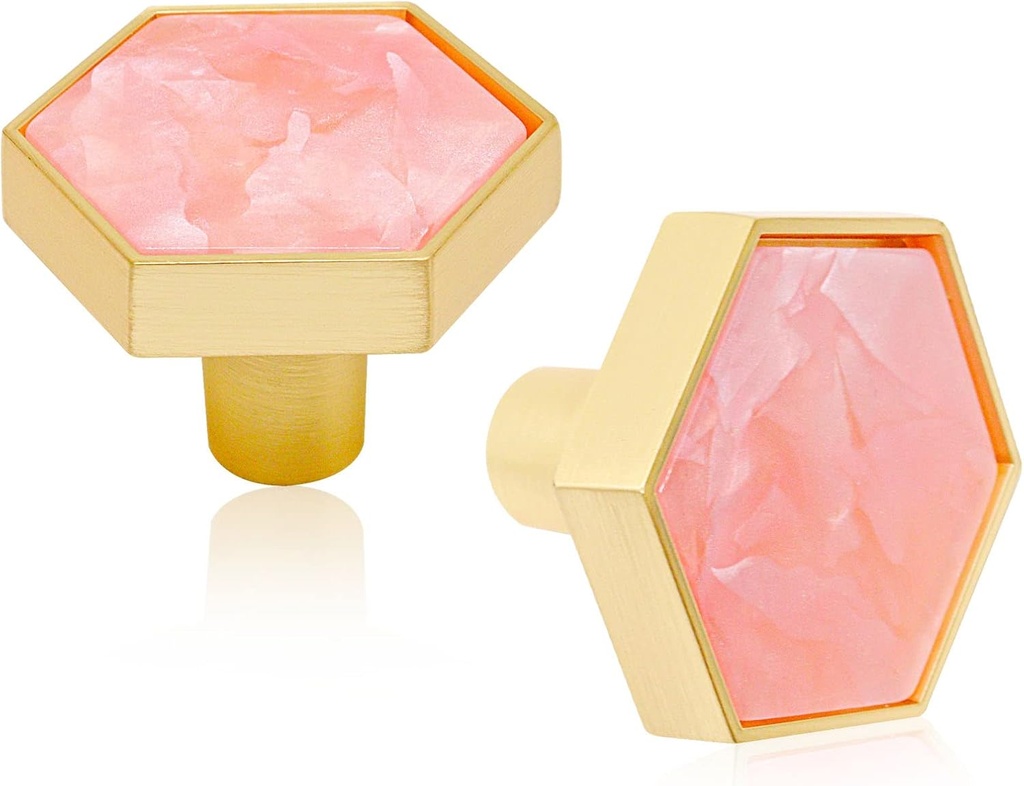 4 Pcs Gold Cabinet Knobs for Dresser Drawers, Brushed Brass Hexagon Drawer Knob, 1-1/4" Dresser Pulls for Kitchen Door Knob for Cabinets, Knobs for Cabinets, Pink