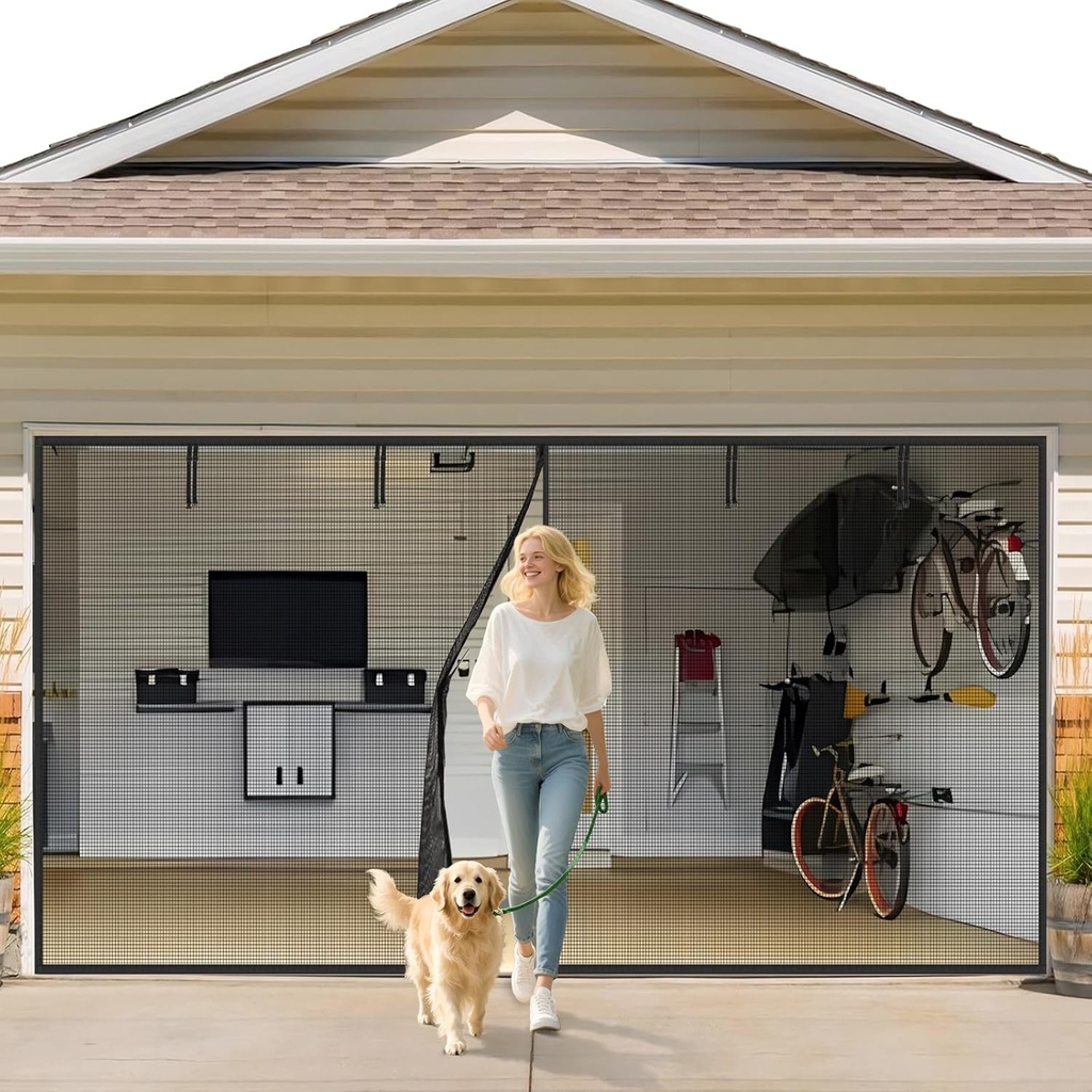 Garage Door Screen 1 Car 8x7ft Garage Screen Door,Upgraded PET Mesh Stronger Than Fiberglass and Polyester,Heavy Duty Weighted Bottom and Magnetic Closure,Hands Free,Easy Assembly
