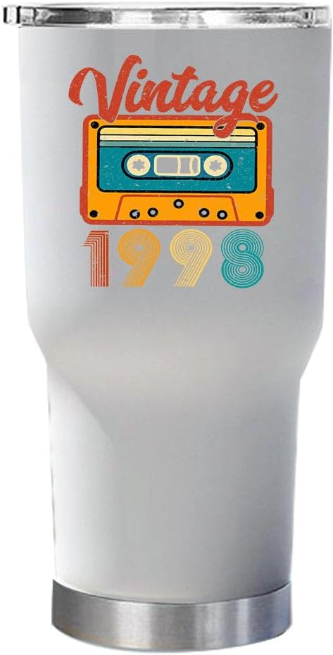 Vintage 1998 Tumbler 30oz With Lid 26th Happy Birthday Cup Gift - 26 Years Old White Tumblers Stainless Steel - 1998 Retro Cassette Tape Tumbler Christmas Gift