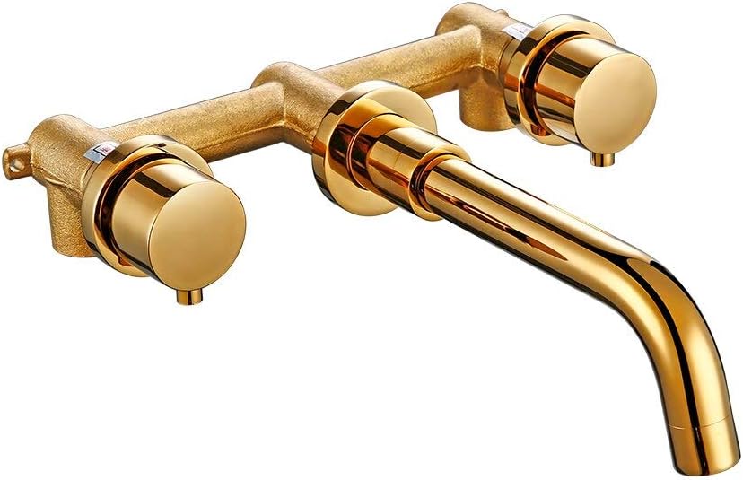 Polished Gold Brass Siamese Double Hole Wall Embed Mounted Hot Cold Mixed Waterfall Bathtub Filling Bathroom Faucet