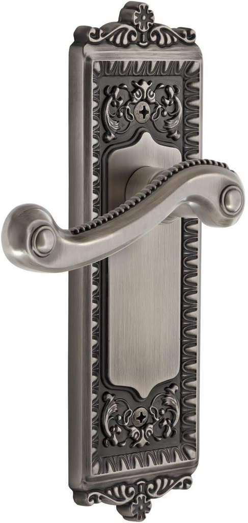 Grandeur Winnew_PRV_234 Windsor Solid Brass Rose Right Handed Privacy Door Lever Set with Newport Lever and 2-3/4" Backset - Antique Pewter