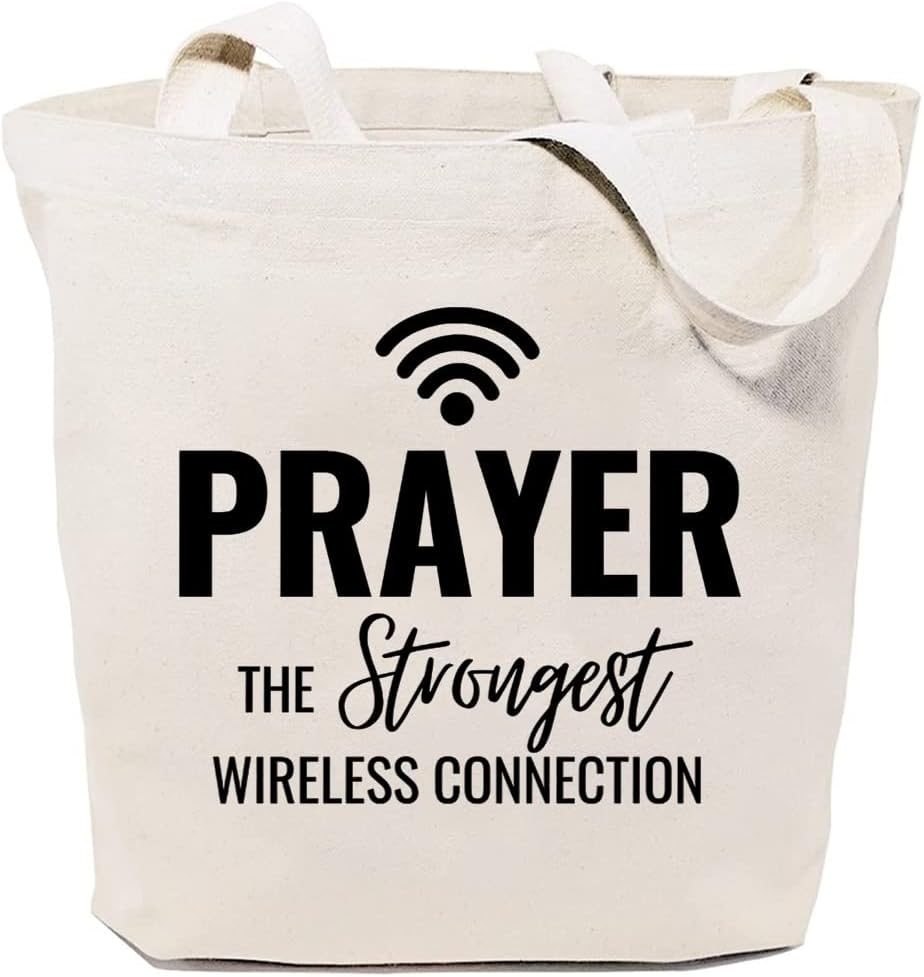 Canvas Tote Bag for Women Grocery Shoulder Shopping Bags Christian Gift Prayer The Strongest Wireless Connection