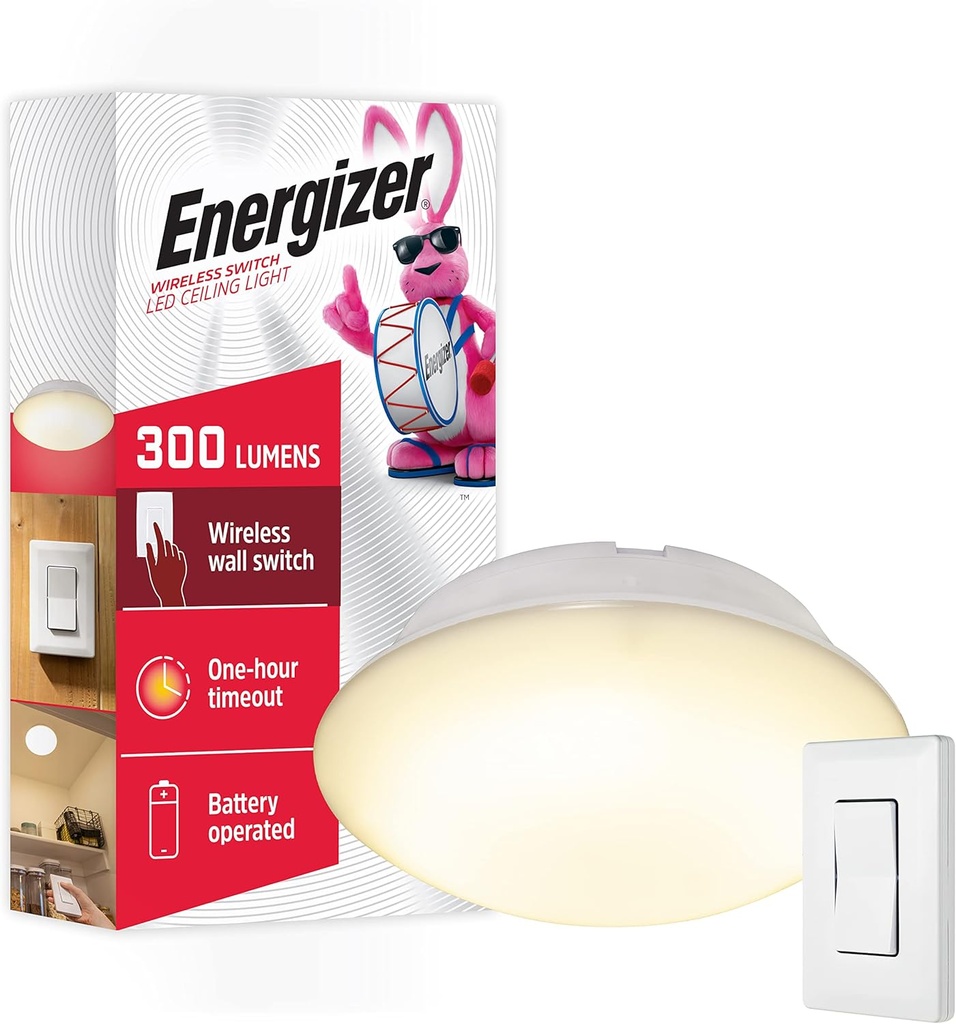 Energizer LED Ceiling Light Fixture, Battery Operated, Wireless Wall Switch Remote, 300 Lumens, Ceiling Light No Electricity, Perfect for Closets, Laundry Room, Garage, Shed and More, 58823-T1