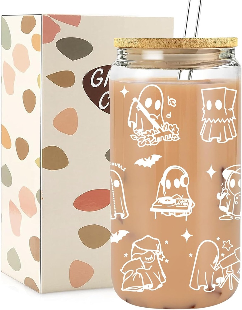 Halloween Cups Tumbler, Halloween Gifts for Women, Cute Glass Cups with Lid and Straw, Boo Spooky Gifts Basket Stuffers Stuff, Ghost Decorations Decor Indoor, Glasses Drinking, White, 16 oz