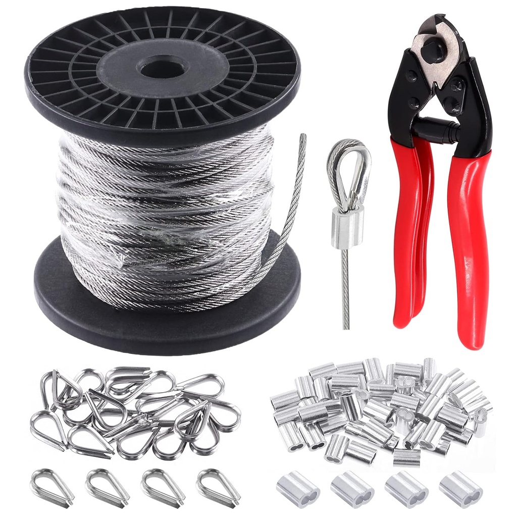 Glarks 72Pcs 1/8" 150ft Stainless Steel Wire Rope Cable Set Includes 8" Heavy Duty Cable Cutter and 50Pcs Aluminum Crimping Loop Sleeve with 20Pcs M3 Wire Rope Thimbles Set for DIY Deck Stair Rail
