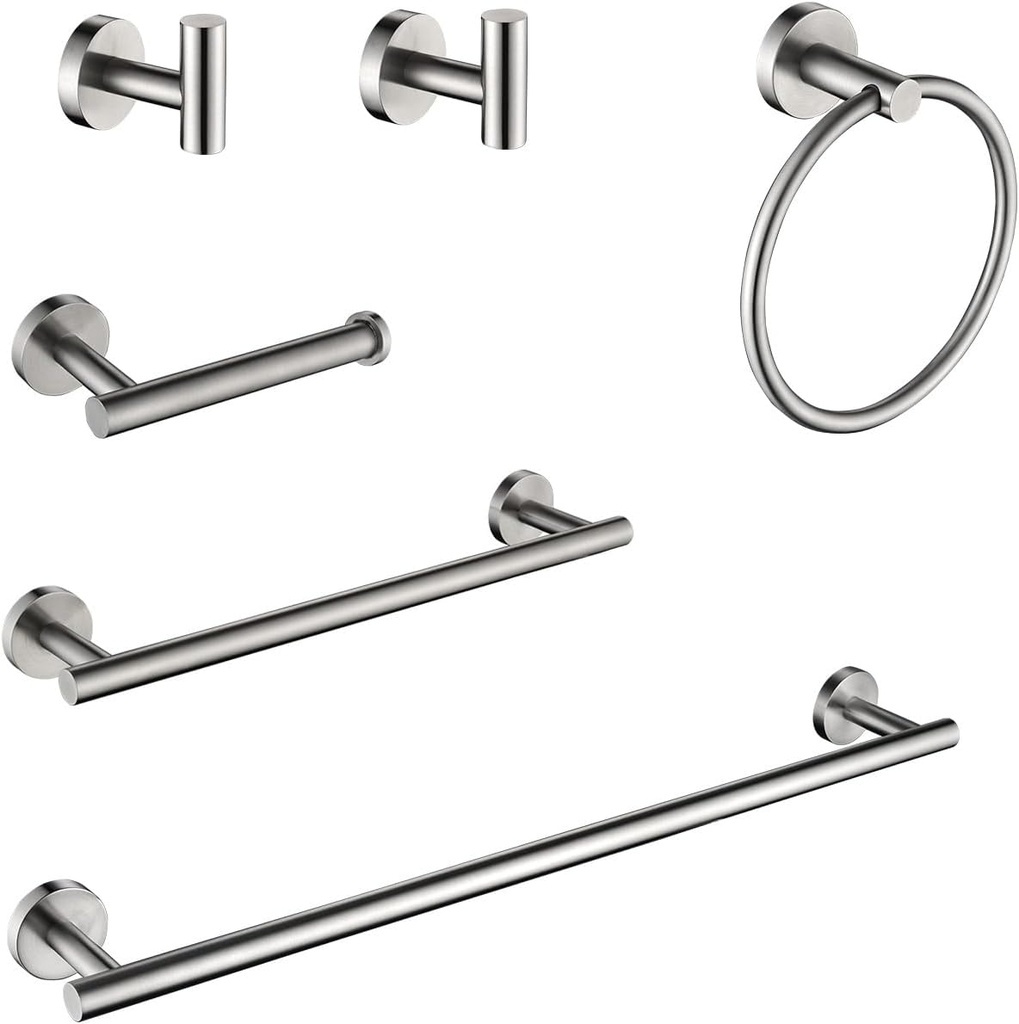 6 Piece Stainless Steel Bathroom Towel Rack Set - Wall Mount - Brushed Nickel