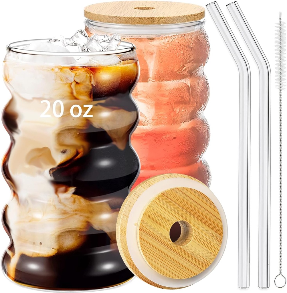 2 Pcs 20oz Drinking Glasses Set with Bamboo Lids and Straws, Cute Iced Coffee Glass Cups, Iced Coffee Tumblers, Thick Drinking Jars for Smoothie, Boba Milk Tea, Ideal for Gift, with Straw Brush