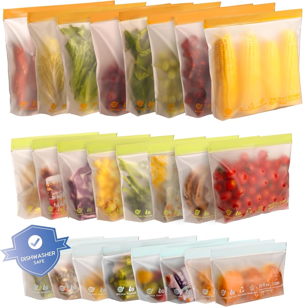 24 Pack Reusable Food Storage Bags,Leakproof Freezer Bags BPA Free Stand Up Sandwich Bags for Lunch Salad Fruit Travel,Dishwasher Safe(8 Gallon,8 Sandwich,8 Snack)