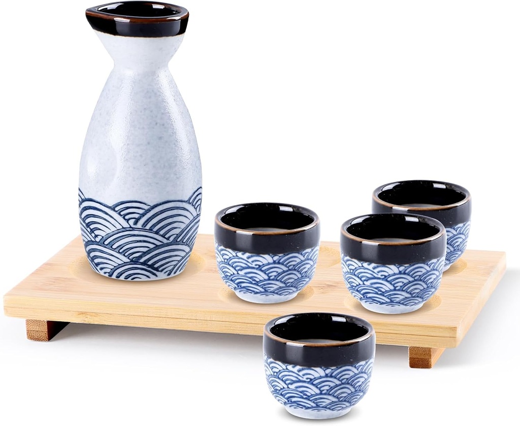 Japanese Sake Set, Traditional Ceramic 1 Tokkuri Bottle & 4 Ochoko Cups with Wooden Tray, Hand Drawn, Dishwasher Safe, Ideal Gift