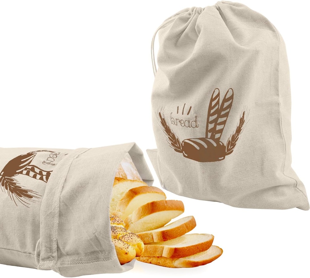 MOROBOR 2Pcs Washable Bread Bags, Natural Linen Bread Bag with Plastic Liner Bread Proofing Basket Reusable Food Storage Bags for Homemade Bread Storage (15.7" X 11.8")