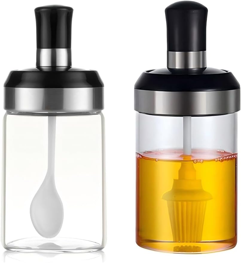 Glass Jars with Spoons and Lids Set | Condiment Containers with Lids & Spice Jars with Spoon | Chef Preserve Containers, Jar with Spoon | High Borosilicate Glass, Airtight 8.45oz Empty