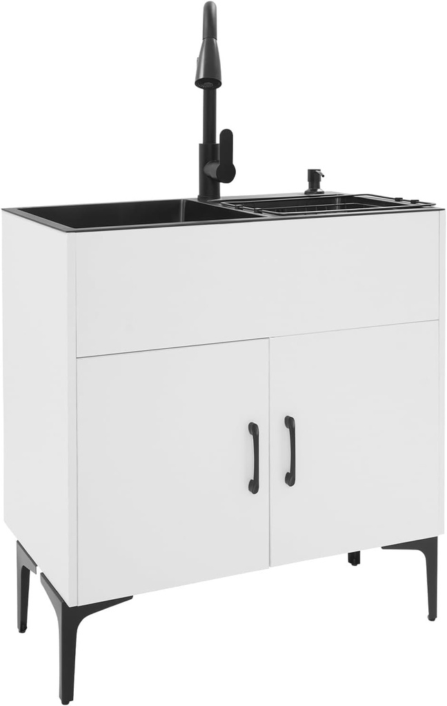 Laundry Sink with Cabinet & 2 Sinks, Laundry Cabinet Kit with Pull-Out Faucet & Draining Basket, Stainless Steel Utility Sink for Laundry, Kitchen, Bathroom and Garage-Shipped in Two Packages (White)