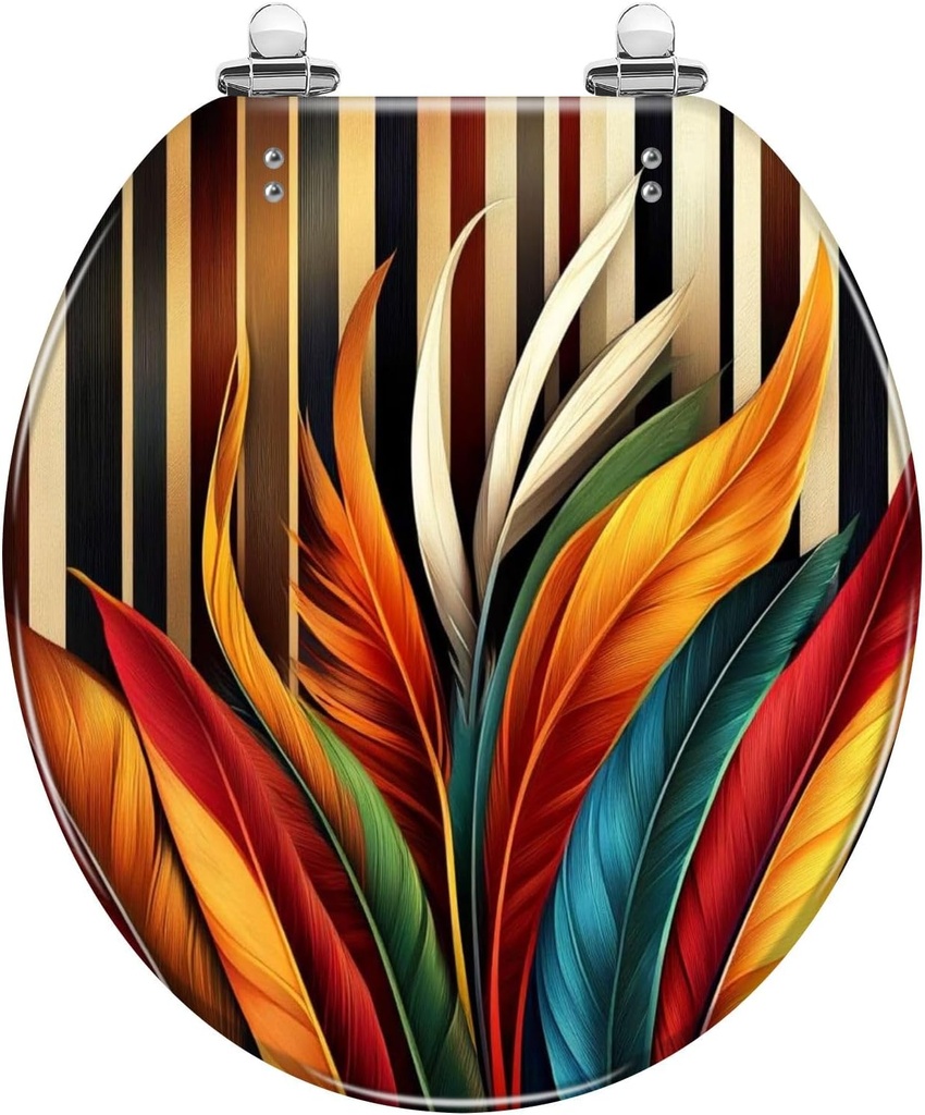 Round Toilet Seat Boho Exotic Leaves Warm Tones Rustic Back Burnt Orange Teal Slow Close Soft Close Strong Stainless Steel Hinges Resin Toilet Seat Replacement Bathroom Accessories