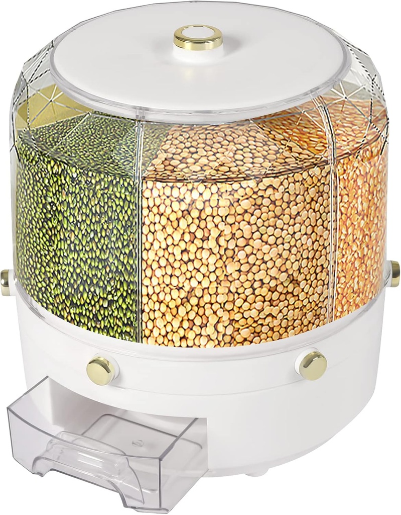 Rotating Grain Storage Bin 6 Grids 13.2lbs Rice Food Grain Dispenser with Moi-sture-Proof Sealed Lid 360°Rotatable Sealed Rice & Grain Storage Container for Grains Snacks Candy Coffee Beans