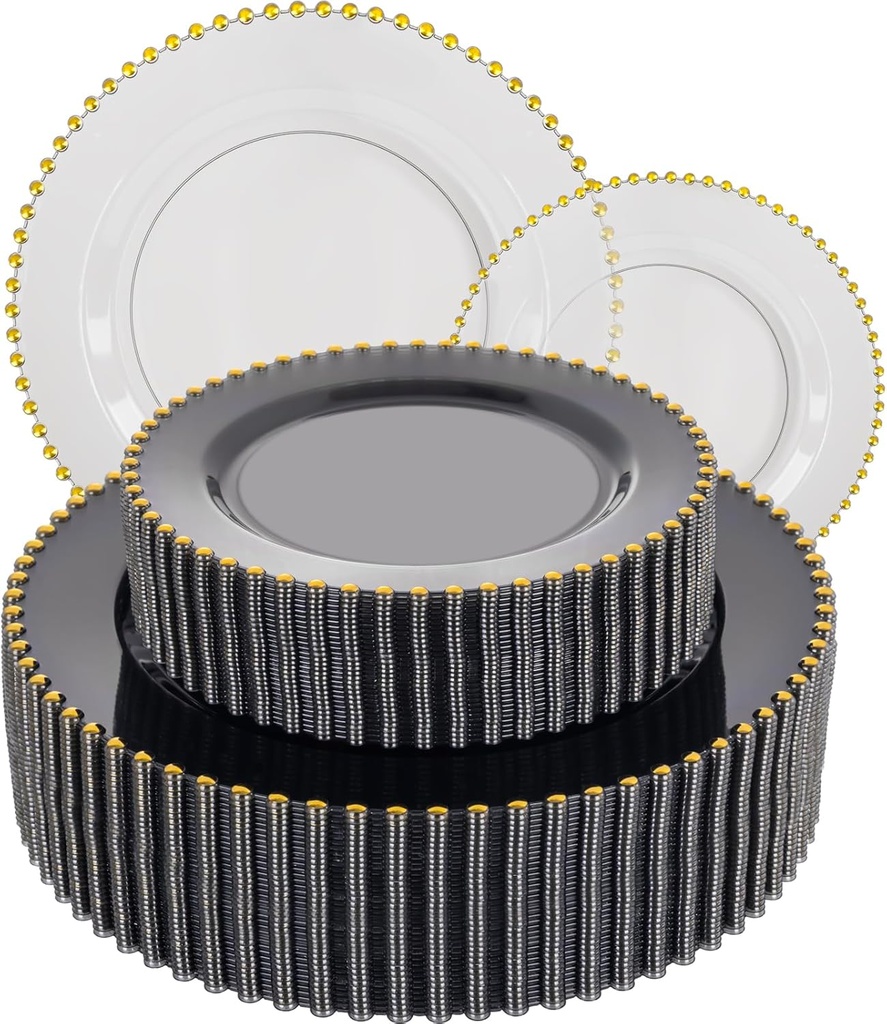 EI 60pcs Black and Gold Plastic Plates Clear with Black Disposable Plates Heavy Duty Gold Plastic Dinnerware Set For 30 Guests Perfect Wedding,Party,Birthday,Anniversary,Halloween