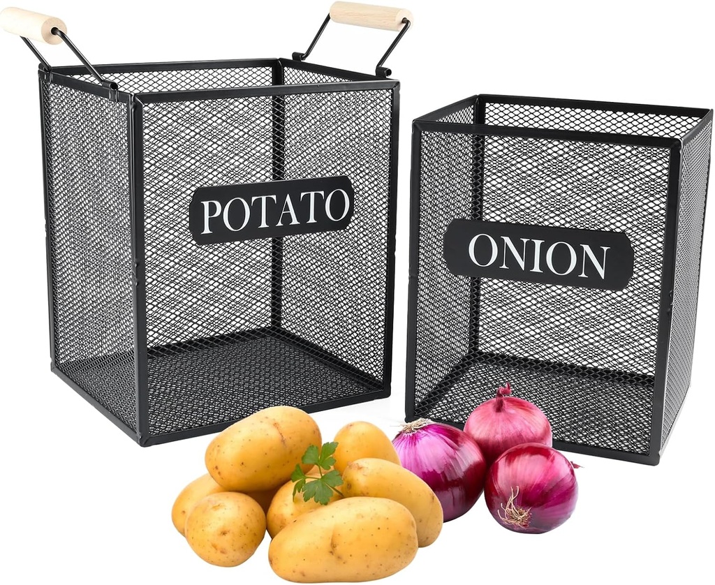 Set of 2 Potato and Onion Storage Bin, Metal Mesh Onion and Potato Baskets with Wooden Handle, Potato Bin Onion Holder, Kitchen Pantry Organizers and Storage for Onion Potato Fruit Vegetable