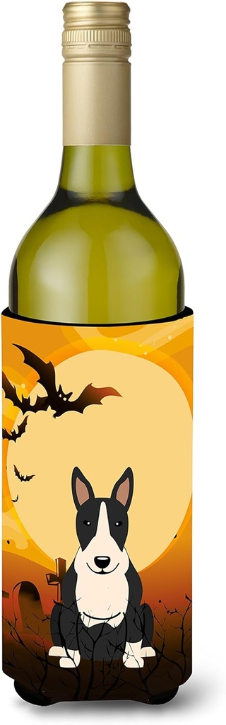 Caroline's Treasures BB4399LITERK Halloween Bull Terrier Black White Wine Bottle Hugger Bottle Cooler Sleeve Hugger Machine Washable Collapsible Insulator Beverage Insulated Holder