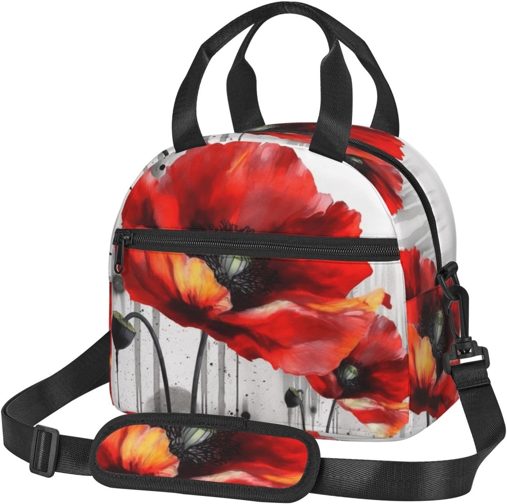 Beautiful Poppy Flower Ink print Lunch Bag Reusable Insulated Lunch Boxes Cooler Tote Bags For Work Office Picnic Travel