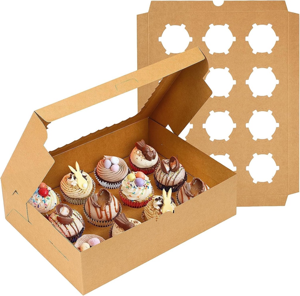 TOMNK 10 Sets Cupcake Carrier Boxes, 13 x 10 x 3.5 Inches, Brown Cupcake Containers Kraft Bakery Carrier Boxes with Windows and Inserts to Hold Cupcakes, Muffins and Pastries
