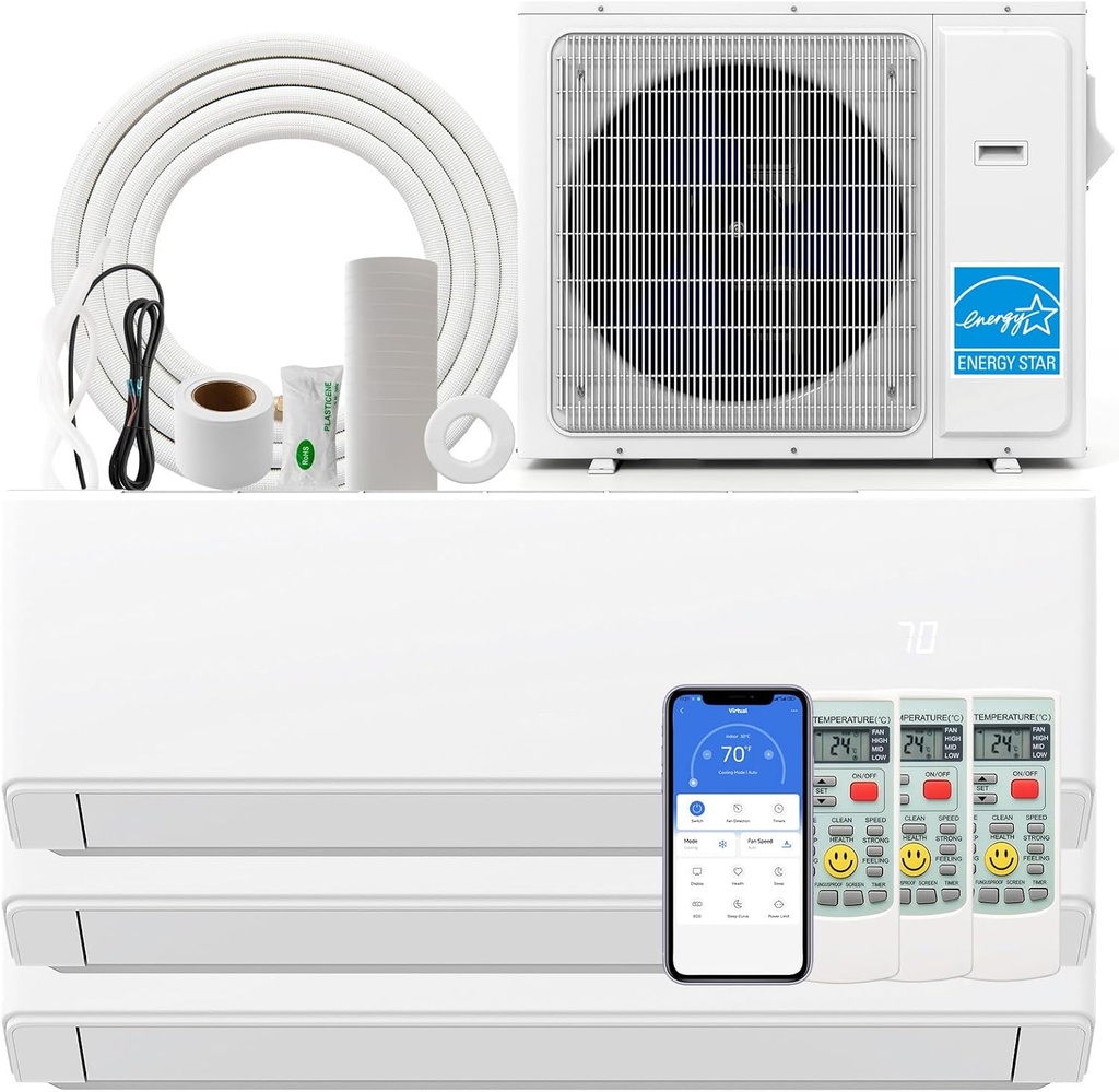 SIMOE 30k BTU Tri 3 Zone Multi Zones Mini Split AC Heat Pump Full Set, Mini Split Air Conditioner, 23 SEER2, Wifi-Enabled 9k+12k+12k BTU, 208-230V, Ductless Energy Star, Installation Kit